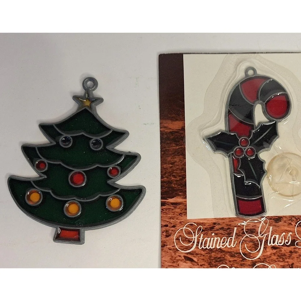 Vtg Lot‎ Of 4 Faux Stained Glass Sun Catchers Xmas Wreaths Candy Cane Tree